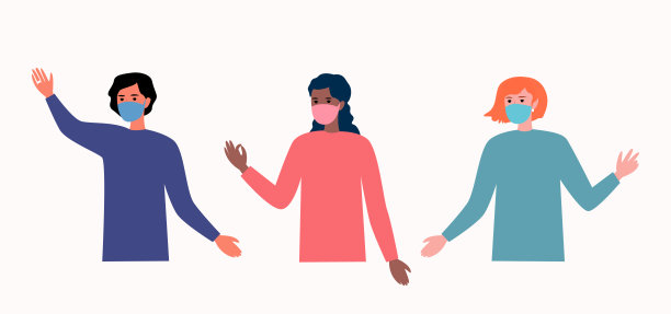 多种族女孩穿着时髦的毛衣，戴着口罩。卡通平面向量。图片下载