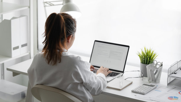 商务女性忙着在办公桌上使用笔记本电脑的后视图。图片下载