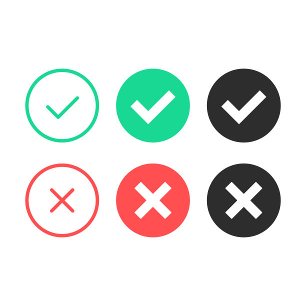 复选标记图标。矢量线图标和平面图标设置。绿色勾选和红色交叉复选标记，黑色复选标记孤立在白色背景图片下载