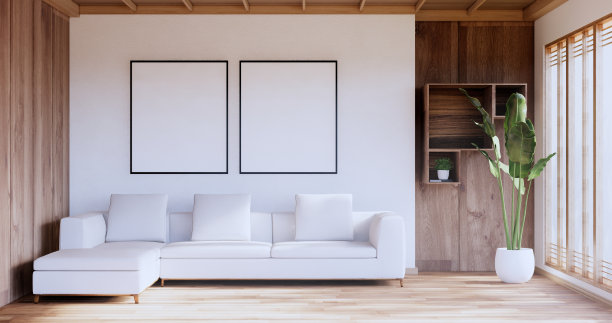 沙发房间内部热带榻榻米地板和白色墙壁。三维渲染图片下载
