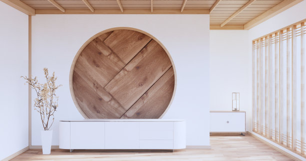 橱柜木质日本设计在客厅极简空墙背景。三维渲染图片下载