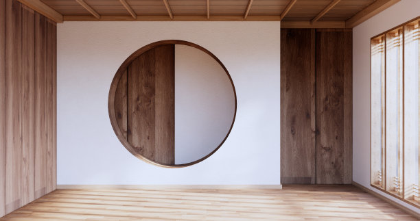 圆形货架墙面设计，白色空室日式设计，榻榻米地板。三维渲染图片下载