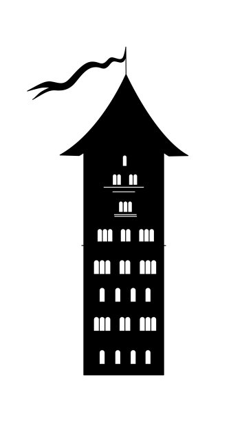 飘扬着旗帜的中世纪城堡。罗马式建筑。轮廓。矢量插图孤立在白色背景上图片下载