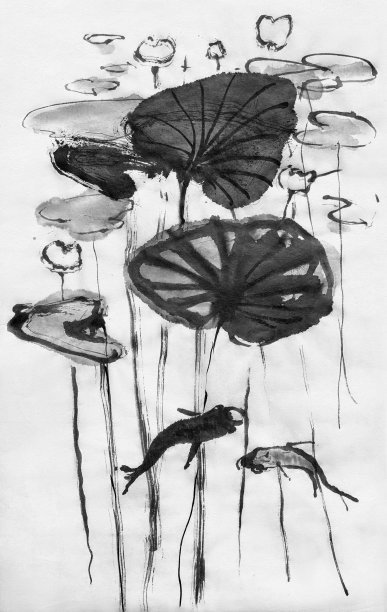 池塘里的鱼。池塘里的睡莲。烟灰墨。图片下载