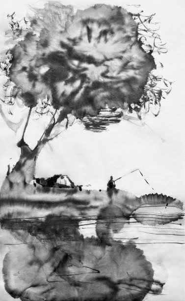 渔夫钓到了一条鱼。烟灰墨。图片下载