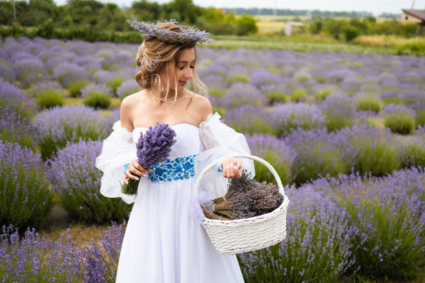 美丽的女孩戴着薰衣草花环，穿着复古的裙子在薰衣草田。薰衣草地里的美女图片下载