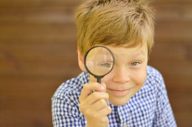 一个小男孩用放大镜探索自然。好奇的孩子们在森林里度过暑假。徒步旅行。未来的科学家植物学家图片下载