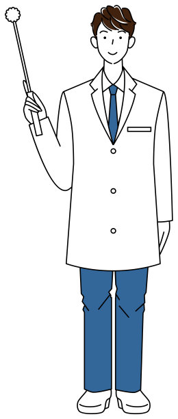 穿着白大褂的可爱男子手持象征性的手杖。全身插图。向量。图片下载