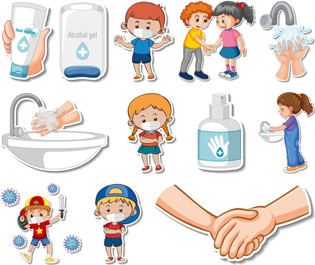 2019冠状病毒病图标和卡通贴纸套装图片下载