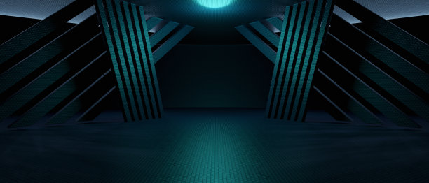 未来数字设计飞船内部与金属地板和光面板深蓝色抽象现代背景壁纸3D渲染图片下载