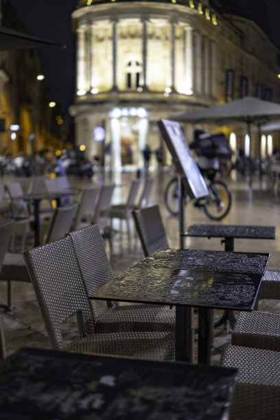 露天餐厅:历史悠久的市中心传统法国餐厅或咖啡馆的空旷户外区域桌椅无人问津。在给伙食团的业务。雨滴落在桌子上。图片下载