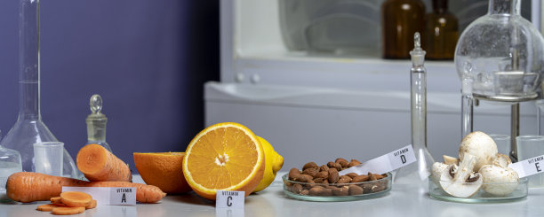 橙子、蘑菇、坚果和胡萝卜放在实验室的桌子上，上面有维生素的名称。必要的维生素。食物laborator图片下载