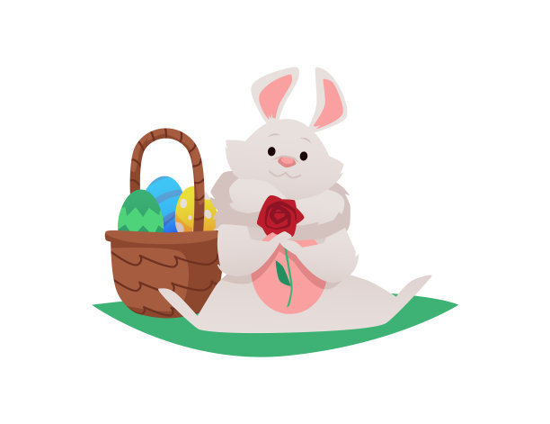 可爱的卡通兔子坐在它的爪子里，手里拿着花图片下载