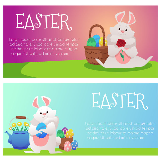 可爱的卡通复活节兔子坐在彩色的蛋图片下载