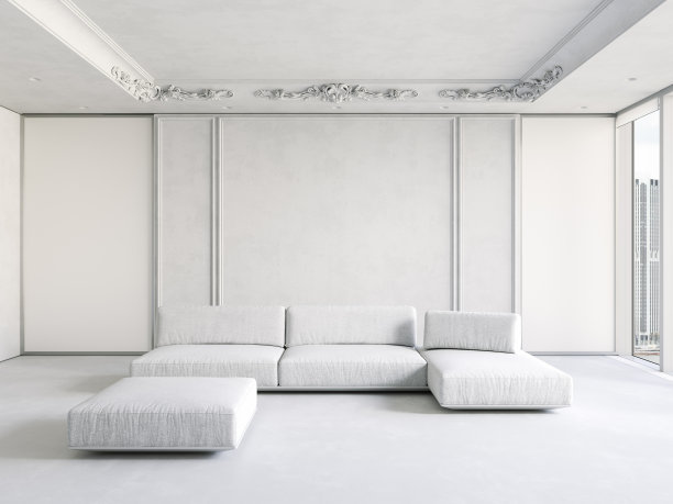 当代白色内饰，装饰线条，灰泥和沙发。3d渲染插图模型。图片下载