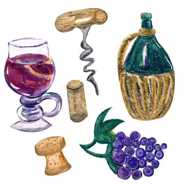 水彩套酿酒葡萄酒藤和瓶盖图片下载