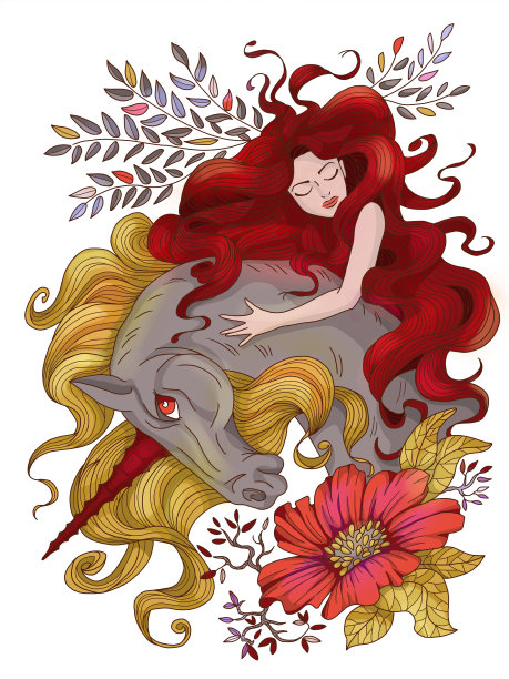 彩色幻想插图手绘美丽的仙女或公主和神奇的独角兽图片下载