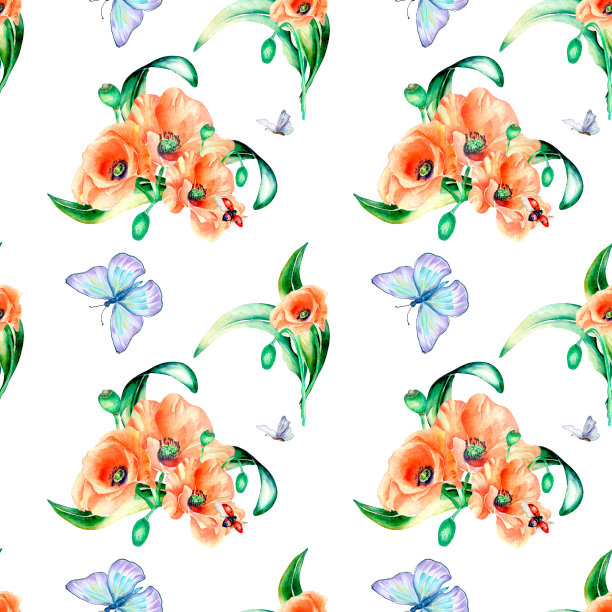 草地红花与蝴蝶水彩无缝图案上的白色。图片下载