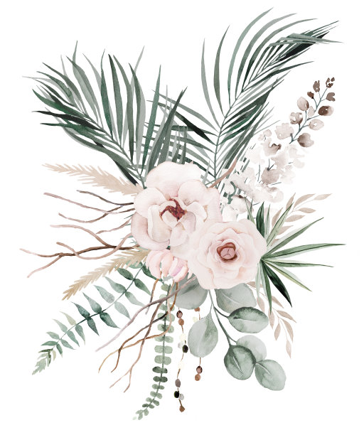 婚礼波西米亚水彩花束与米色和蓝绿色热带树叶和花朵插图图片下载