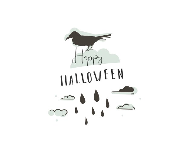 手绘矢量抽象卡通快乐万圣节插画派对设计元素乌鸦和现代书法引用快乐万圣节孤立在白色背景图片下载