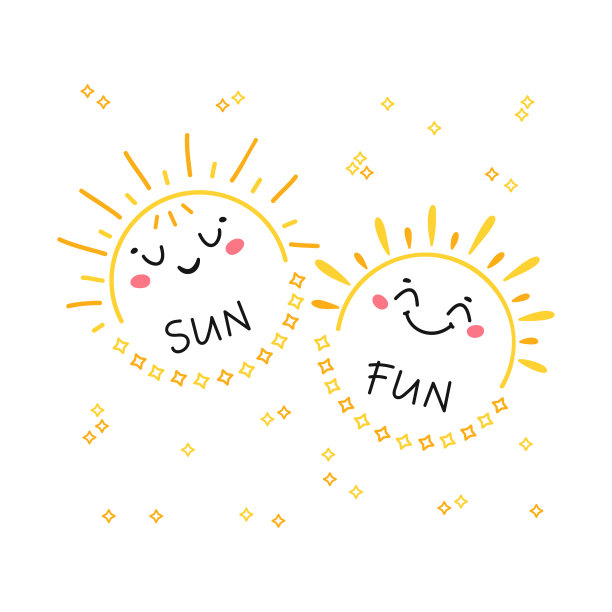 涂鸦可爱的日落或日出笑脸。“太阳乐趣”海报。矢量有趣的半太阳儿童黄色印花儿童设计。图片下载