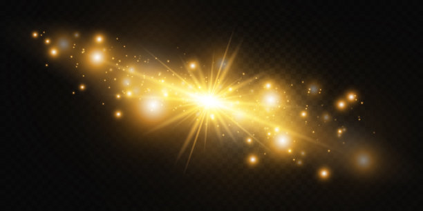 设置辉光效果，白色火花和金色的星星闪耀在特殊的光。白色的光。星光来自光线。太阳是背光的。亮丽的明星。阳光。EPS10。图片下载