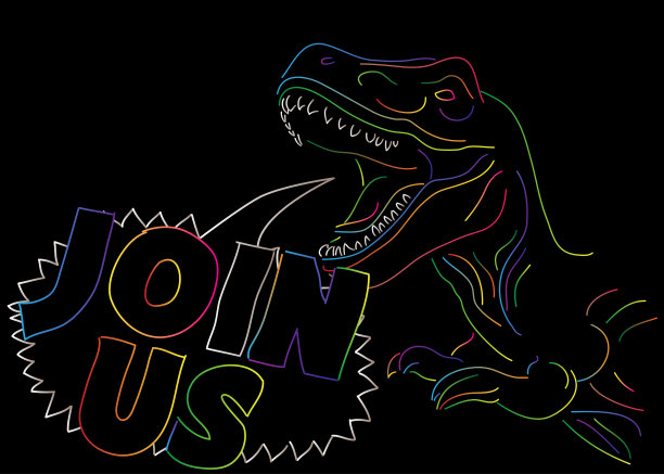 恐龙带着语音泡泡说“加入我们”字。有思想的雷克斯霸王龙。图片下载