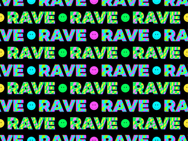 无缝图案与文字和微笑的面孔。狂欢迷幻，迷幻之旅。彩色表情在黑色背景上微笑。设计广告牌，海报和横幅。矢量图图片下载