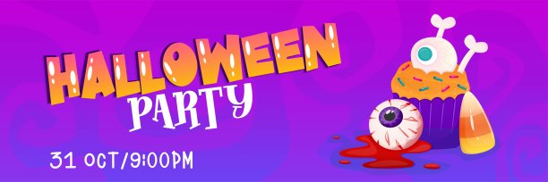 万圣节快乐模板横幅背景用甜甜的糖果、蛋糕。向量卡通插图。深紫色的背景。万圣节快乐。矢量设计图片下载