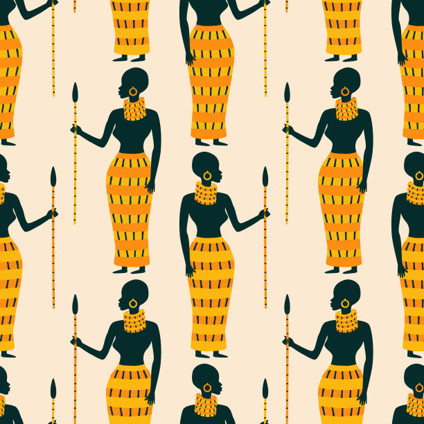 美丽的黑人非洲妇女在传统服装手绘矢量插图。部落妇女与矛彩色无缝图案的织物或墙纸。图片下载