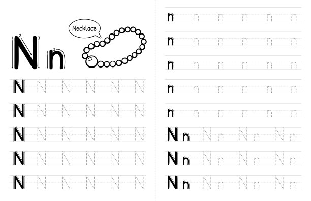 ABC字母追踪儿童书籍内部。孩子们写带有图片的作业纸。高级向量元素字母N。图片下载