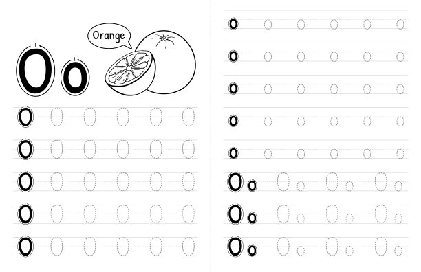 ABC字母追踪儿童书籍内部。孩子们写带有图片的作业纸。高级矢量元素字母O。图片下载
