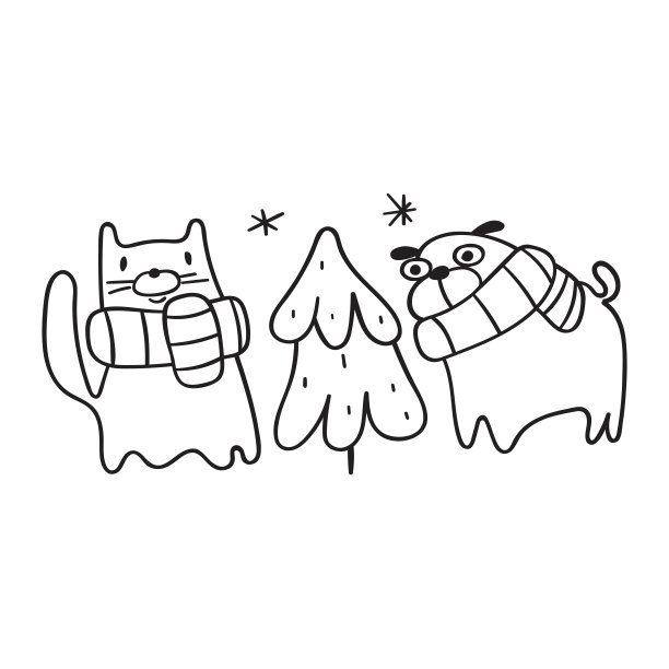 狗和猫戴着围巾，站在小圣诞树前。图片下载