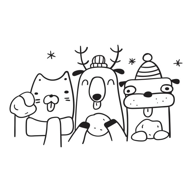 猫，狗和驯鹿拿着雪球。图片下载