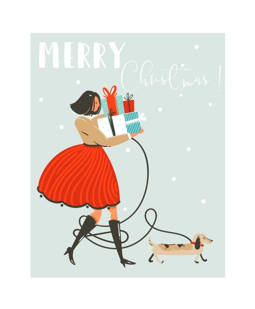 手绘矢量抽象有趣的圣诞快乐时间卡通插图贺卡与女孩在服装，狗和许多惊喜的礼盒在雪橇上孤立的蓝色背景图片下载