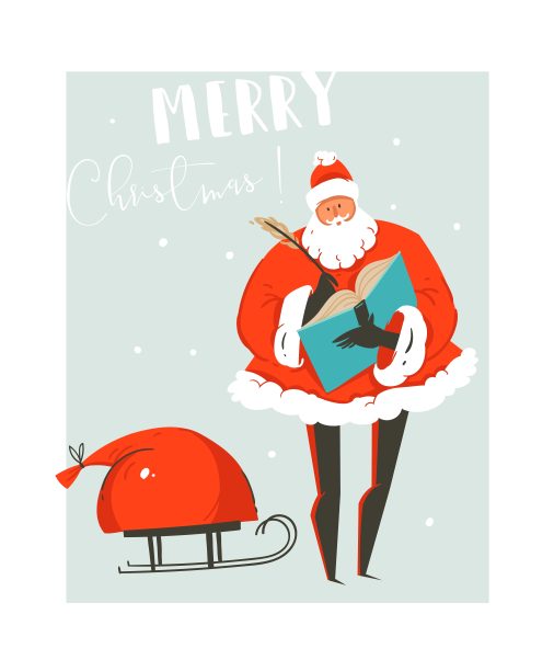 手绘矢量抽象有趣的圣诞快乐时间插图贺卡与圣诞老人和袋许多惊喜的礼物在雪橇上孤立的蓝色背景图片下载