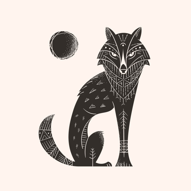 部落，民族，古代风格的狼和月亮矢量插图。图片下载