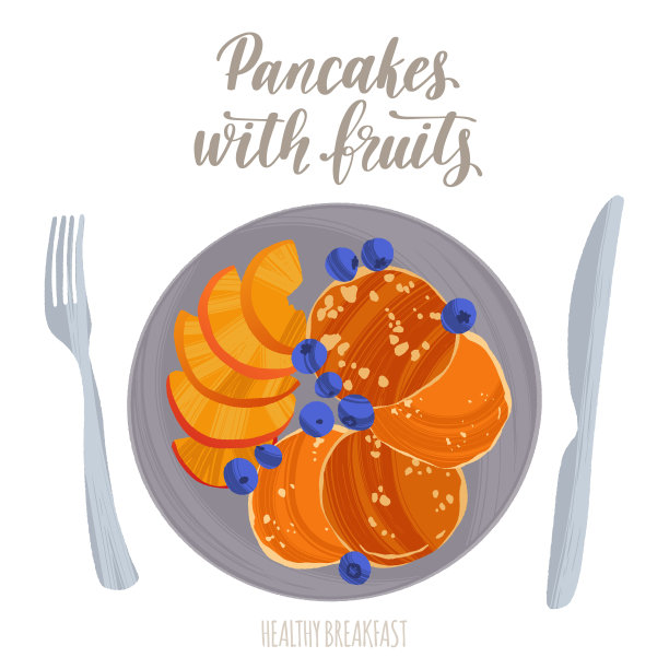 美味的健康的早餐。与水果煎饼。手绘盘子在扁平风格与干刷纹理。图片下载