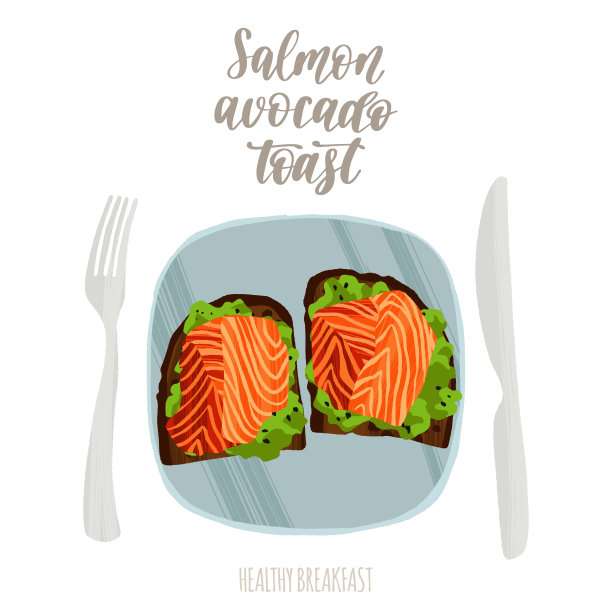 美味的健康的早餐。鲑鱼鳄梨面包。手绘盘子在扁平风格与干刷纹理。图片下载