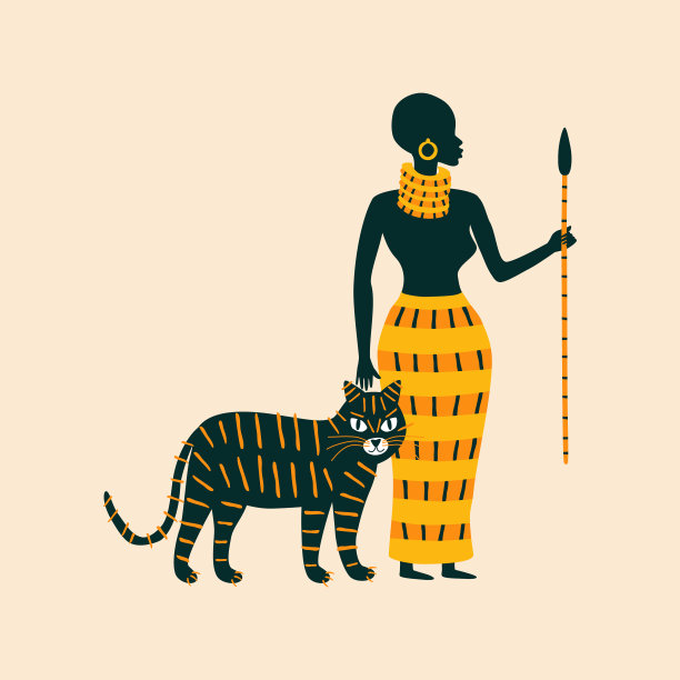 部落非洲妇女在传统的裙子与矛和黑老虎手绘矢量插图。孤立美丽的黑人女孩和野猫的标志或海报。图片下载