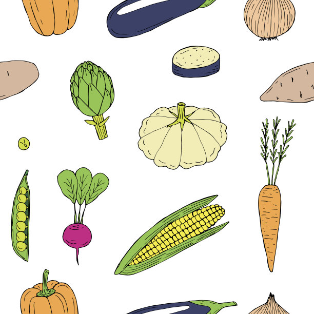 蔬菜无缝图案矢量插图，手绘着色图片下载