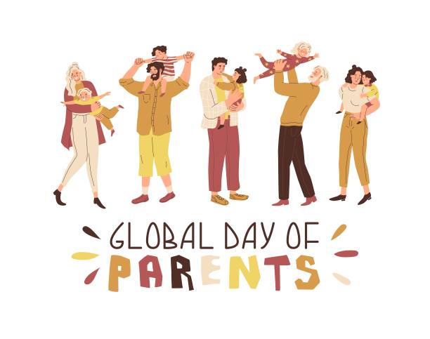 父母拥抱孩子。妈妈和爸爸正在和孩子们玩。幸福的家庭。对孩子的养育和照顾假期在幼儿园。平面风格的矢量插图。孤立的图片下载