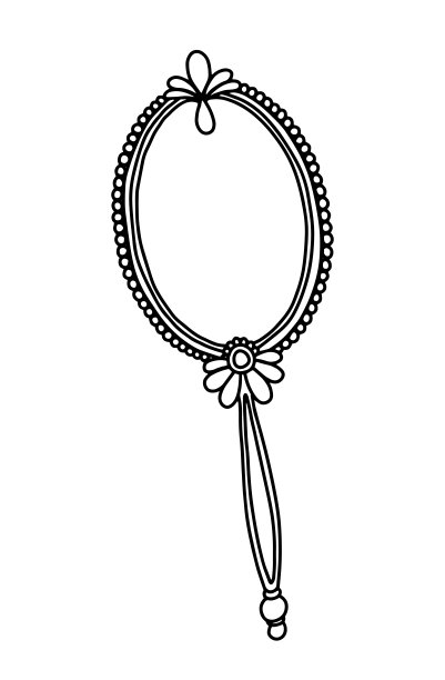 椭圆形复古镜子与处理。手工绘制的复古镜子。矢量插图的涂鸦附件为妇女孤立在白色背景。图片下载