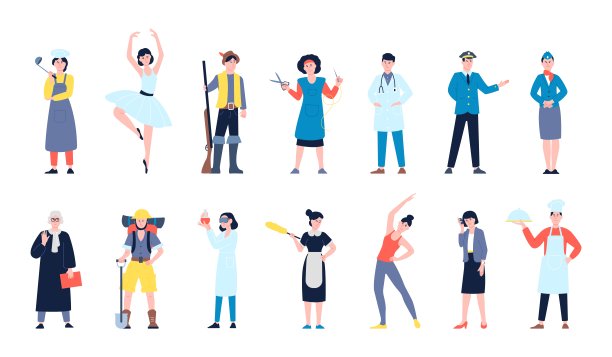 专业的多样性特征。混合专业人士，不同的人的职业。飞行员，学生科学家和普通医生。职业近期向量集图片下载