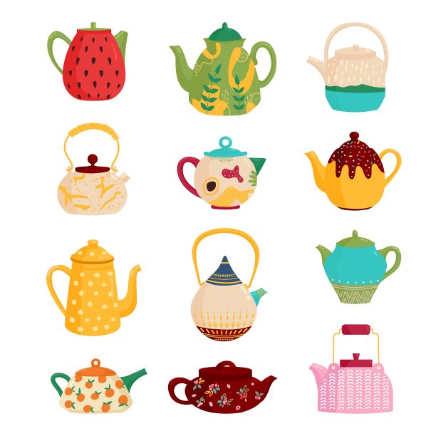 可爱的卡通茶壶。孤立的茶壶收藏，壶为茶。厨房装饰水壶，家居元素。复古厨具经典矢量集图片下载