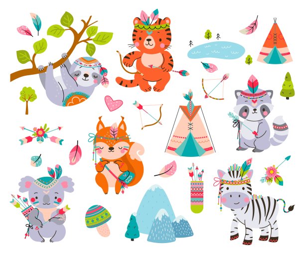 林地可爱的动物。甜鹿考拉熊，有部落元素的森林动物。野生动物的孩子们的角色，野生树懒在树枝上现在向量集图片下载