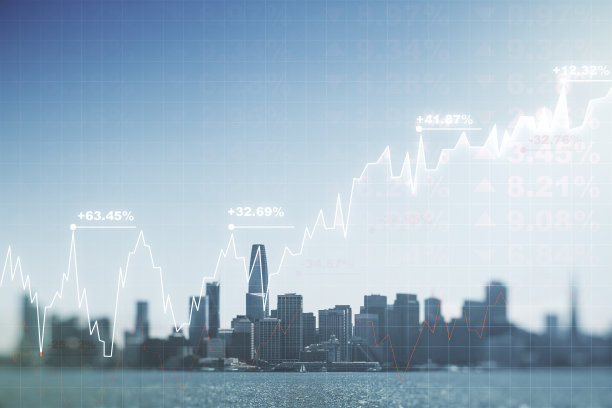 摘要虚拟金融全息图以旧金山城市景观为背景，阐述金融和交易概念。Multiexposure图片下载