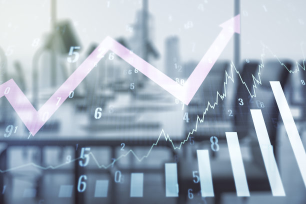 摘要虚拟金融图形全息图和向上的箭头，以现代办公家具为背景，介绍外汇和投资概念。Multiexposure图片下载