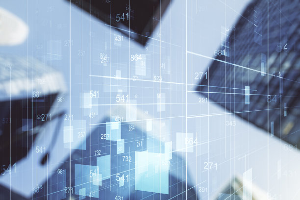 多重曝光现代摩天大楼背景的创意统计数据全息图，统计分析概念图片下载