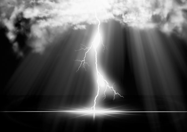 闪电落在海洋表面的3D插图与风暴的概念图片下载